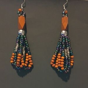 Hand Crafted Orange and Blue Beaded Earrings